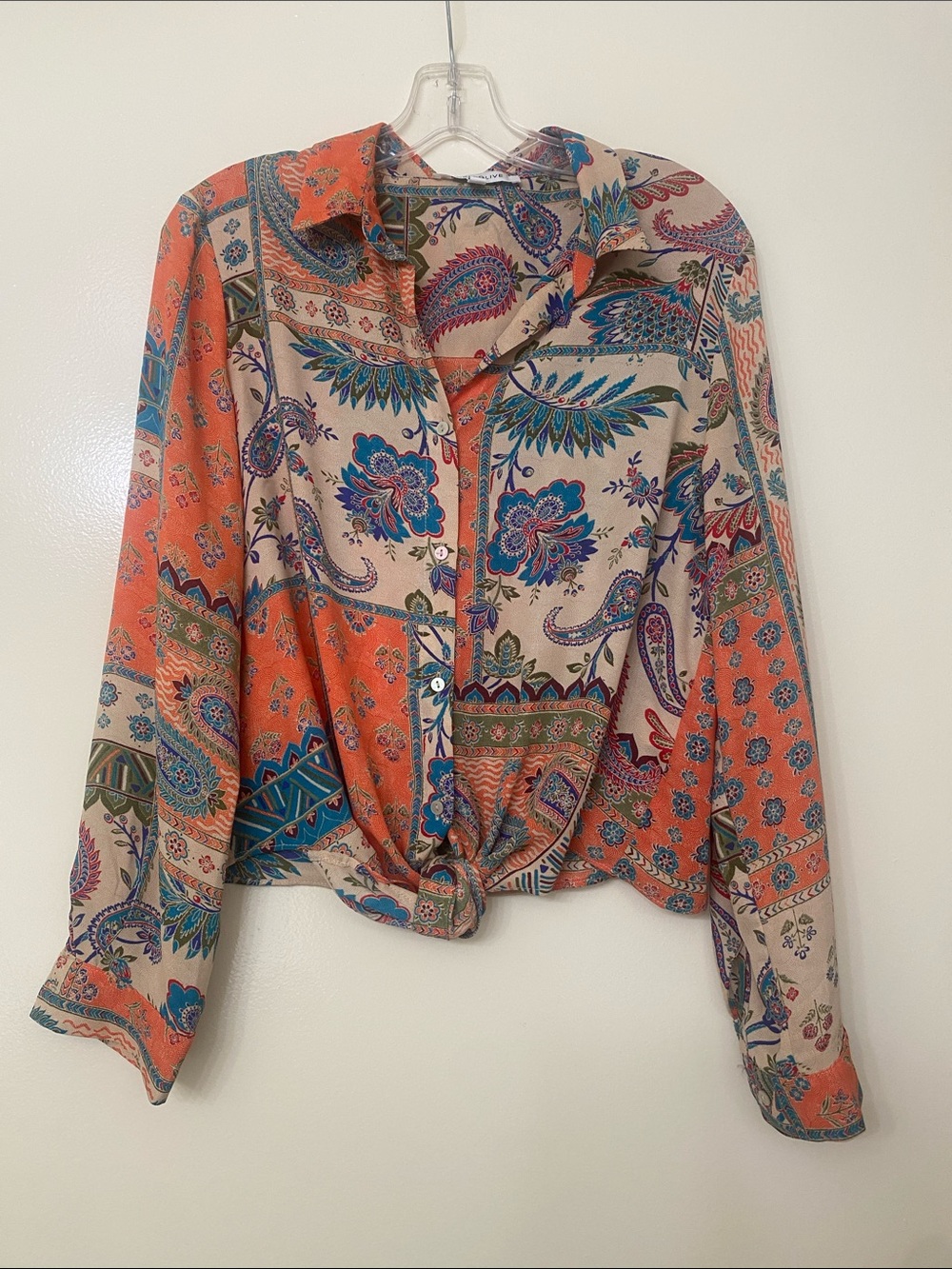 Rose & Olive Orange and Cream Paisley Tie-Front Button-Down Shirt - Picture 2 of 5